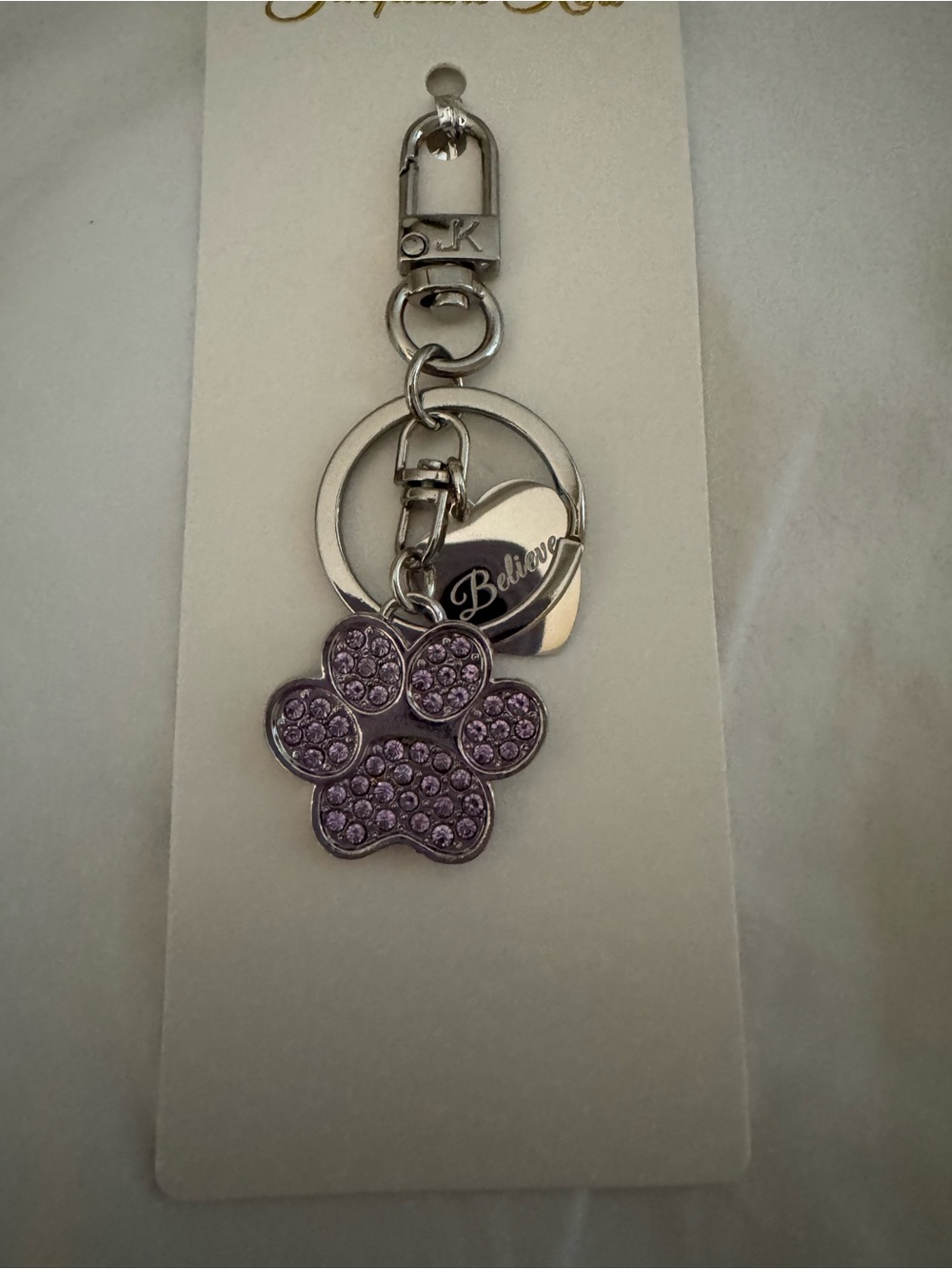 Paw Charm Keychain with Purple Crystal Paw & Heart Tag